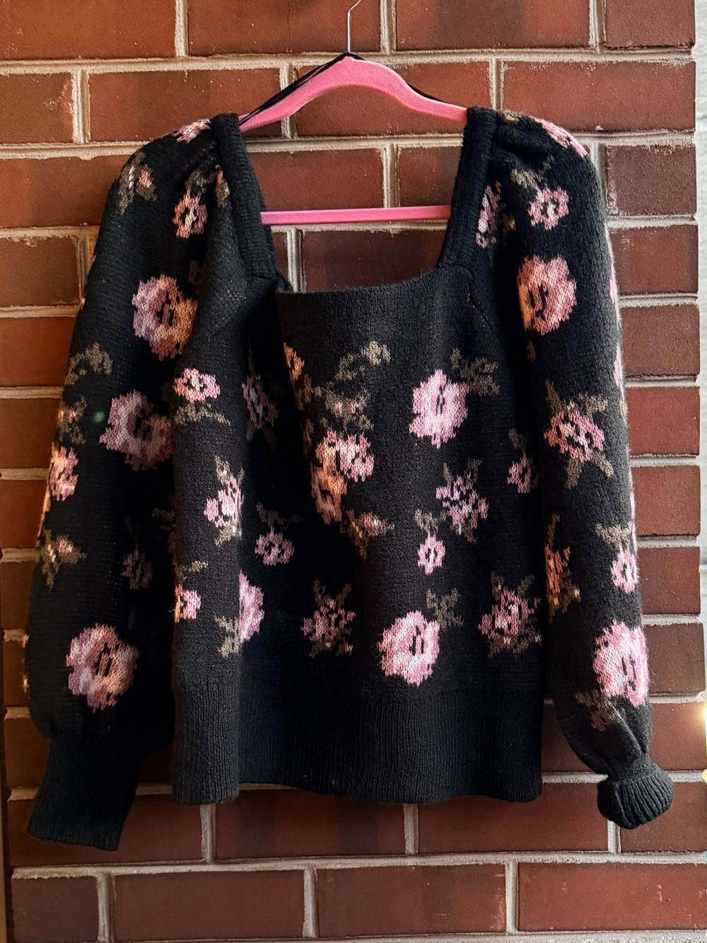 Anthropologie Black Sweater with Pink Floral Pattern